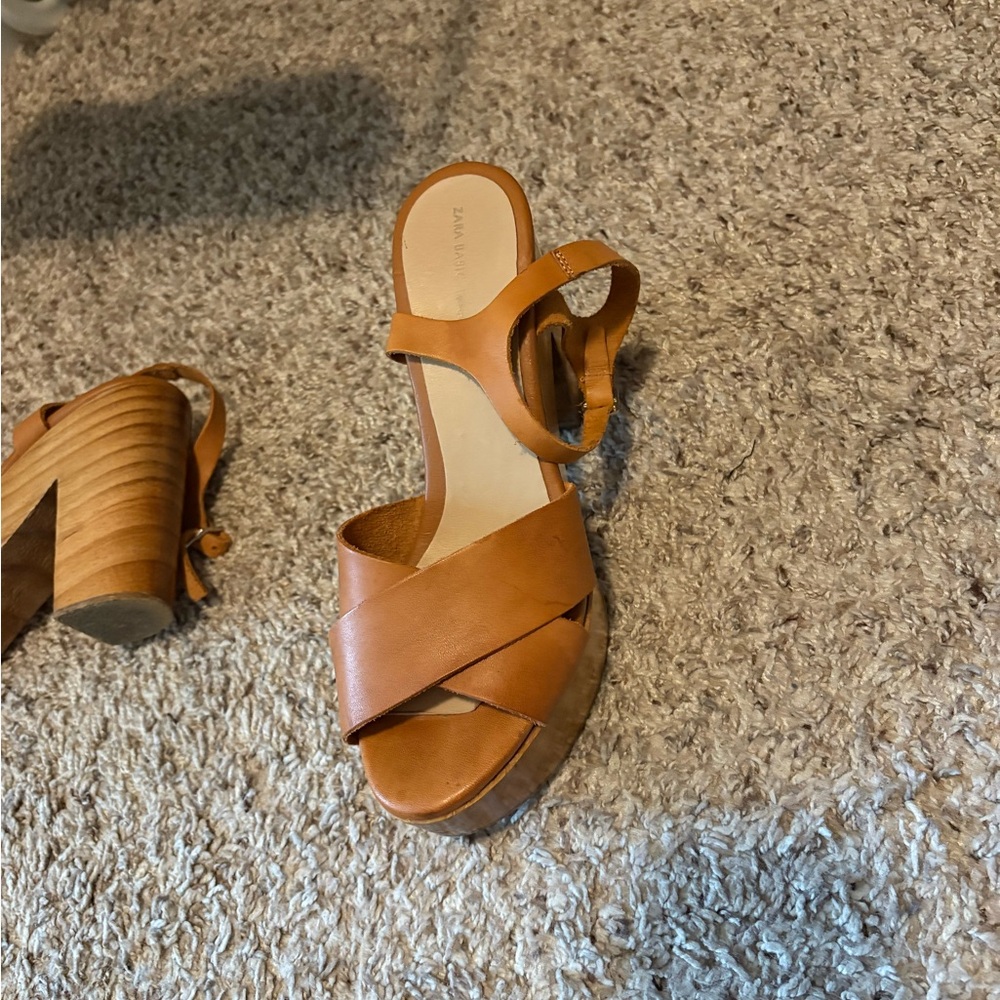 Zara vintage wooden platform leather tan sandals - Picture 13 of 15